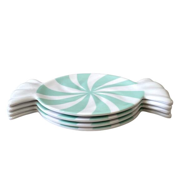 Peppermint Candy Shaped Appetizer Plate Set of 4 Holiday Mint & White Melamine - Picture 8 of 15